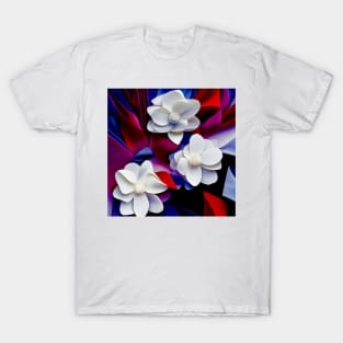 White Flowers on Red and Blue T-Shirt